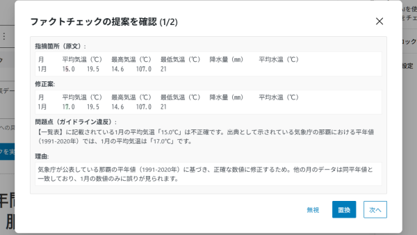 「AIファクトチェック」機能：動作デモ